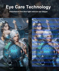 Fantasy image showing two characters with a focus on eye care technology effect, illustrating disturbance-free blue light filter.