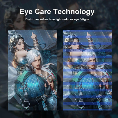 Fantasy image showing two characters with a focus on eye care technology effect, illustrating disturbance-free blue light filter.
