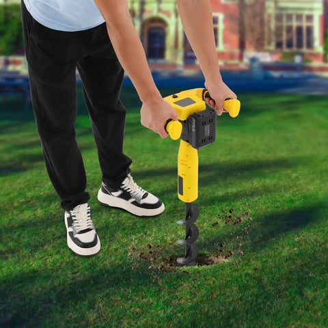 Person using Beast Cordless Post Hole Digger With 350W Electric Earth Auger for garden soil digging, battery-powered, yellow design.