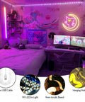 Anime Luna Neon Sign LED Dimmable Moon Cat Night Light For Bedroom Wall Decor Lit Pink Kawaii Neon Light For Girls Room Game Room Dorm Birthday Party Gift Idea on bedroom wall with dual monitors and wall art.