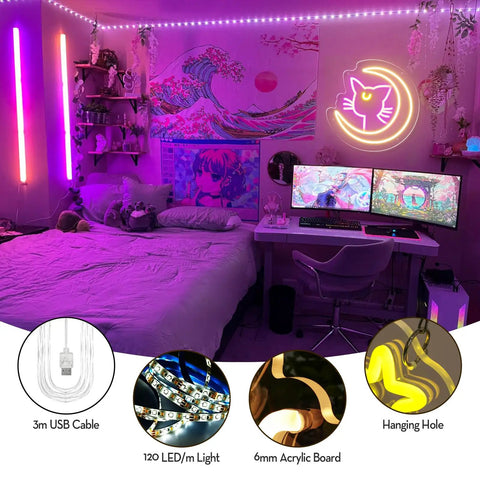 Anime Luna Neon Sign LED Dimmable Moon Cat Night Light For Bedroom Wall Decor Lit Pink Kawaii Neon Light For Girls Room Game Room Dorm Birthday Party Gift Idea on bedroom wall with dual monitors and wall art.