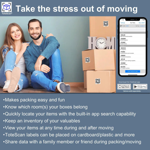 Smart QR Label Set for Go-To Organization Moving and Storage 45 Unique 2.5 by 3 Inch Paper Labels Peel and Stick on boxes and app view