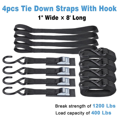 Heavy Duty Tie Down Straps With Hook Cam Buckle 1 Inch By 8 Feet 1200 Lb Break Strength 400 Lb Working Load, 4 Pack Black