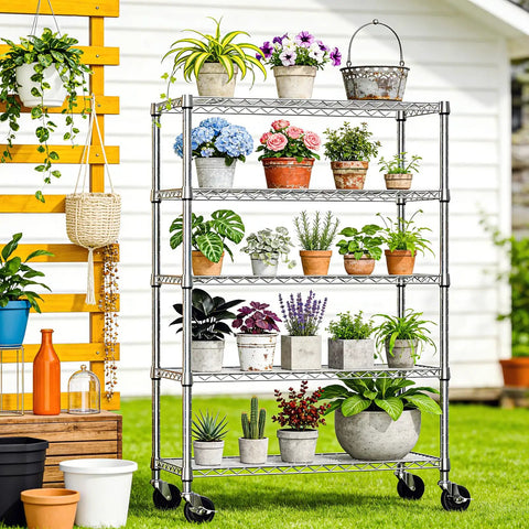 No Sweat Five Tier Rolling Storage Shelving Unit With Hella Sturdy Chrome Steel Wire Racks And Locking Caster Wheels For Heavy Duty Garage Kitchen Pantry And Basement Organization Plus 1750 Lbs Load Capacity