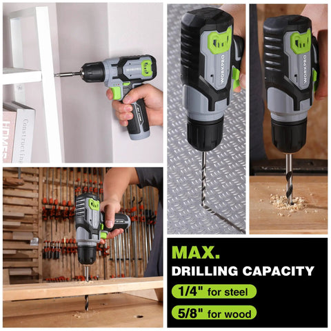 Eight Volt Cordless Drill Driver Kit With 53 Piece Bit Set, 2.0Ah Battery, Three Eighths Inch Keyless Chuck, drilling wood and steel