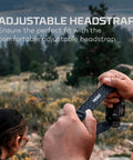 Hands adjusting headstrap of Transcend 1500 Lumen Rechargeable Headlamp With USB-C, Five Light Modes, Tilt Adjustable LED.