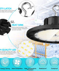 240W LED High Bay Light With 35000 Lumens Daylight Output IP65 Waterproof Warehouse Shop Light shown with safety latch and heat sink