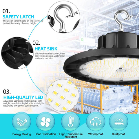 240W LED High Bay Light With 35000 Lumens Daylight Output IP65 Waterproof Warehouse Shop Light shown with safety latch and heat sink