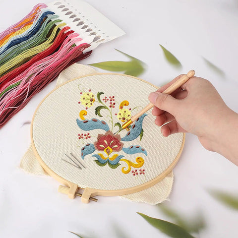 Hand using Fully Loaded Embroidery Crochet Hook Kit With Wood Handle Nine Needles And Hooks for detailed embroidery work