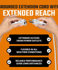Hands holding Heavy Duty Extension Cord 16/3 20 Feet Indoor Outdoor Single Outlet UL Listed White Power Cable with text
