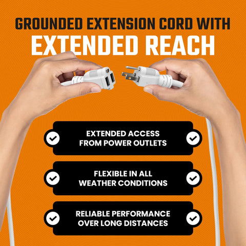 Hands holding Heavy Duty Extension Cord 16/3 20 Feet Indoor Outdoor Single Outlet UL Listed White Power Cable with text