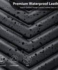 Close-up of black 3D foam faux leather seat cover with water droplets, highlighting waterproof and easy clean features.