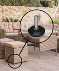 Heavy Duty Adjustable Furniture Levelers 8 Pack Weatherproof Screw In Leg Glides For Patio Chairs Built Badass To Kick The Wobble Smooth PTFE Slider Feet close-up of a threaded leg glide on furniture.