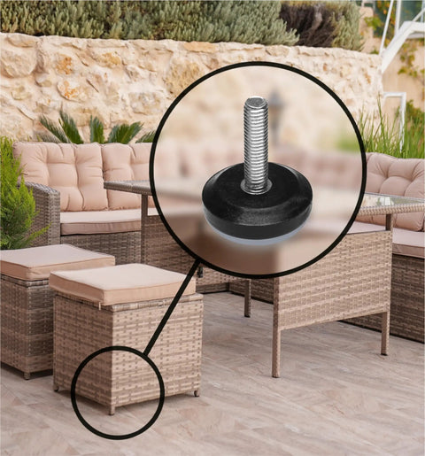 Heavy Duty Adjustable Furniture Levelers 8 Pack Weatherproof Screw In Leg Glides For Patio Chairs Built Badass To Kick The Wobble Smooth PTFE Slider Feet close-up of a threaded leg glide on furniture.