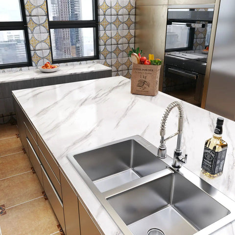 Kitchen island with Large White Marble Contact Paper For Countertops Waterproof Self Adhesive Marble Peel And Stick Wallpaper