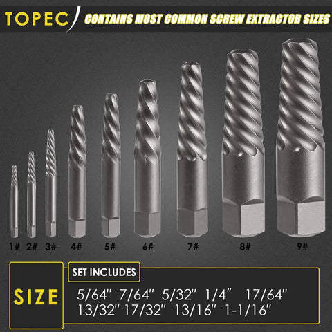 9 Piece Jumbo Spiral Flute Screw Extractor Set For Removing Broken Screws And Bolts With Square Shank Reverse Bits sizes displayed