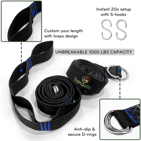 Tree straps with 1000 lbs capacity, secure D-rings and S-hooks for Hanging Hammock Chair For Patio With Plush Headrest.