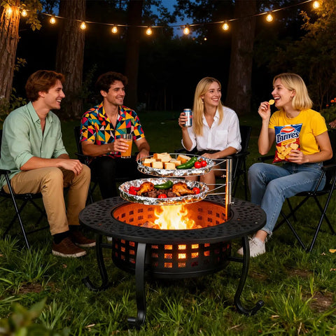 Group enjoying 36 Inch Fire Pit Table with 2 Adjustable Grills at backyard party, grilling and chatting around wood burning outdoor fire pit.
