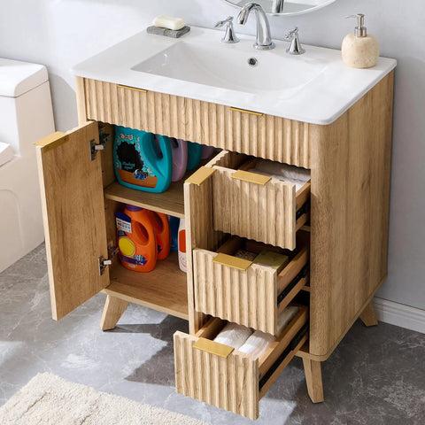 Smooth 30 Inch Fluted Bathroom Vanity With White Ceramic Sink Solid Natural Oak Build Wave Form Curve Design Fresh Urban Vibes Straight Up Daily Upgrade