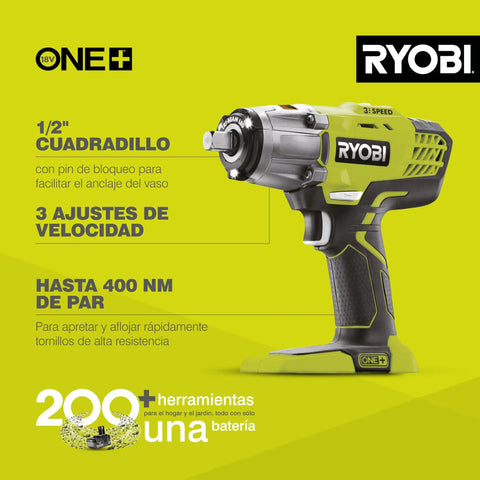 18V Cordless Three Speed Impact Wrench Body Only With One Half Inch Square Drive Locking Pin And One Quarter Inch Hex Adapter