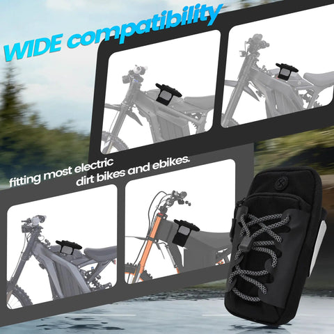 Frame Battery Bag For Electric Dirt Bikes And Ebikes with bike mounting options and weatherproof nylon design.