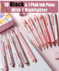 Rose Series Gel Pens Set Of 12 With Black And Pink Ink 0.5mm Fine Point laid out with pastel highlighter and heart accessory.