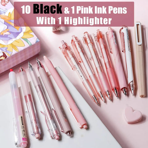 Rose Series Gel Pens Set Of 12 With Black And Pink Ink 0.5mm Fine Point laid out with pastel highlighter and heart accessory.