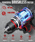 Brushless 20V Cordless Drill Driver Kit With 2.0Ah Battery And Charger, showcasing powerful brushless motor and specs.