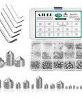 Stainless Steel Cone Point Set Screws Kit With Internal Hex Drive M2.5, M3, M4, M5, M6, M8, 304 Grade Grub Screws Hex Socket Headless Rust Resistant Ideal For Door Handles And Bathrooms Versatile Hardware Set shown with hex wrenches and case.