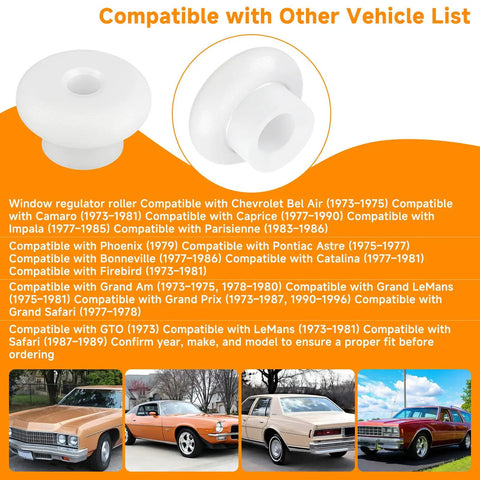 Diagram of window regulator roller compatibility with multiple classic vehicle models and window roller images.