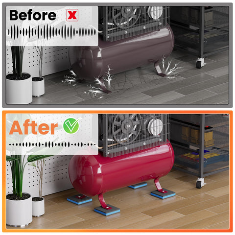 Before and after comparison showing Heavy Duty Rubber Anti-Vibration Pad Kit 4x4 Inch With Blue EVA Center used under equipment