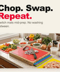 Top Shelf Bamboo Cutting Board Set With Six Color Coded Flexible Mats And Smart Storage Holder For Effortless Meal Prep BPA Free Non Slip Kitchen Chopping Block Makes Your Daily Grind A Breeze, featuring chopped vegetables on a bamboo board.
