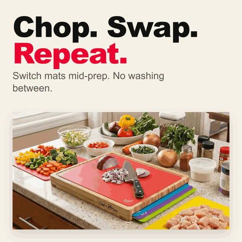 Top Shelf Bamboo Cutting Board Set With Six Color Coded Flexible Mats And Smart Storage Holder For Effortless Meal Prep BPA Free Non Slip Kitchen Chopping Block Makes Your Daily Grind A Breeze, featuring chopped vegetables on a bamboo board.