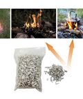 Emergency Fire Starter Kit With 6 Magnesium Shaving Packs And Waterproof Windproof Matches In A Metal Tin For Camping Hiking Survival And Prepper Gear showing magnesium shavings igniting.