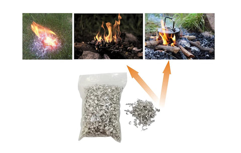 Emergency Fire Starter Kit With 6 Magnesium Shaving Packs And Waterproof Windproof Matches In A Metal Tin For Camping Hiking Survival And Prepper Gear showing magnesium shavings igniting.