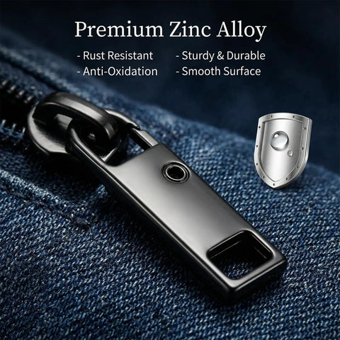 Close-up of black zinc alloy zipper slider from 20 Piece Black Zipper Slider Replacement Kit For Luggage Jackets Backpacks And Clothes No Tools Needed Quick Fix With Durable Pull Tabs Restores Smooth Zip And Keeps Your Gear On The Move on denim fabric.