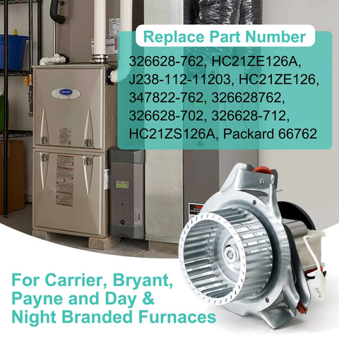 Furnace Draft Inducer Motor Assembly Replacement For Carrier Bryant Payne J238-112-11203 shown next to a furnace