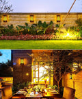 Realistic Solar Flame Lights Outdoor With 3D Flickering Flames That Look Legit Using 66 Ultra Bright LEDs IP65 Waterproof Wall Mount Lanterns Perfect For Your Deck Fence Patio Garden Auto On Off In Value Four Pack Set illuminating a garden wall and patio area