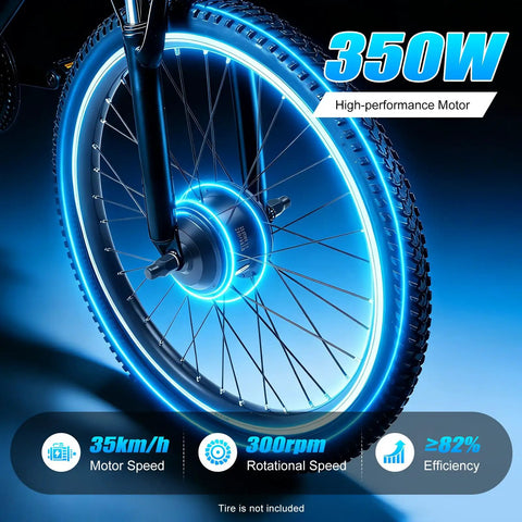36V 350W Electric Bike Conversion Kit For 26 Inch Front Wheel Hub Motor Set With blue glowing motor and specs display