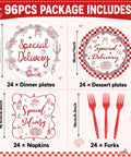 96 Piece Special Delivery Pizza Paper Plates And Napkins Set Hits Different With Chic Red White Checkered Prints for Italian theme, showing plate sizes and napkin details.