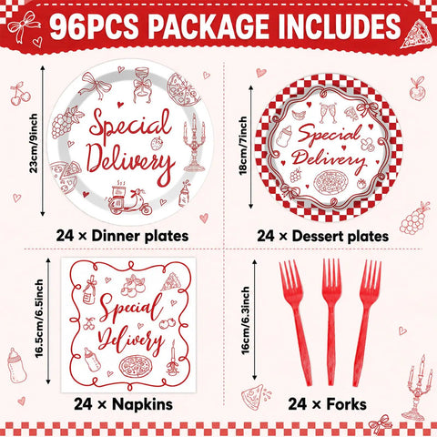 96 Piece Special Delivery Pizza Paper Plates And Napkins Set Hits Different With Chic Red White Checkered Prints for Italian theme, showing plate sizes and napkin details.