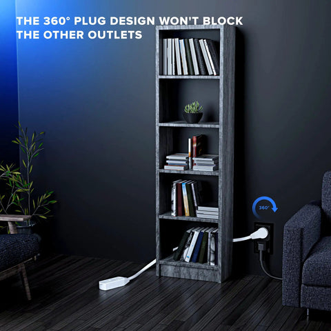 360 Degree Rotating Flat Plug Extension Cord With Three Outlets, 16 AWG 1 Foot, behind bookcase, showing plug design