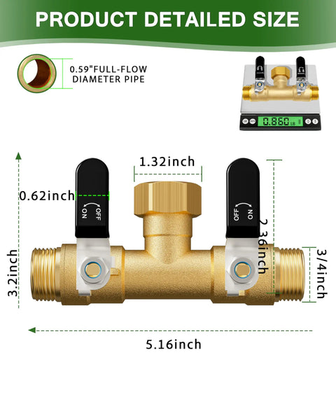 Rugged Brass Hose Splitter 2 Way With Full Flow 0.59 Inch Ball Valve And Shut Off, Three Quarter Inch Fittings, Heavy Duty Outdoor Garden Water Faucet Adapter For High Pressure, Two Independent Outlets, Easy Setup, No Leaks. Dimensions shown