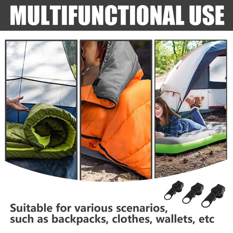 Heavy Duty Zipper Repair Kit 12 Piece Metal Universal Set Three Sizes For Quick Fixes Replacement Slider Teeth And Spare Parts To Patch Coats Bags Luggage Jeans And Outdoor Gear, showing tents and sleeping bags.