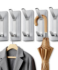 Heavy Duty Stainless Steel Self Adhesive Hooks 15lb Pack of 5 Double Hook Design with coat and umbrella hanging
