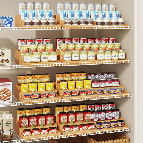 Expandable Bamboo Can Rack Organizer For Pantry With Three Tier Telescopic Design Holds Twenty Four Soda Cans, showcasing organized shelves with different cans.