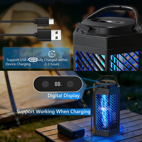 2 In 1 Mosquito Zapper For Indoor And Outdoor Use With 8000mAh Battery USB Rechargeable LED Light Portable Fly Trap showcasing USB charging functionality outdoors.