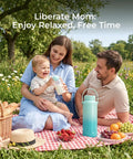 Portable Breast Milk Chiller With Two Bottles Insulated 22 Oz Cooler Keeps Your Stash Ice Cold For 24 Hours on a picnic blanket with family.