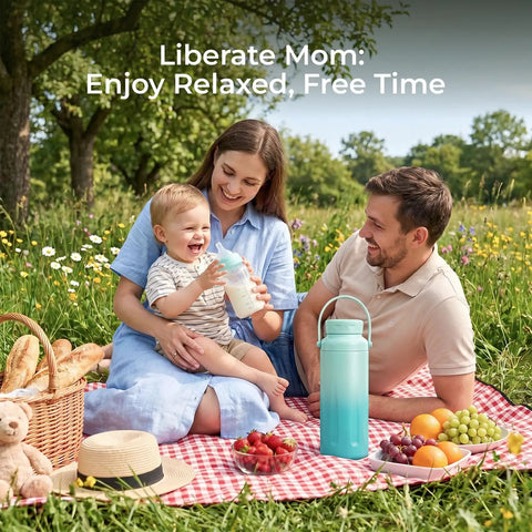 Portable Breast Milk Chiller With Two Bottles Insulated 22 Oz Cooler Keeps Your Stash Ice Cold For 24 Hours on a picnic blanket with family.
