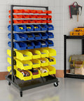 Dual-Sided 9-Tier Rolling Steel Bin Rack With 90 Plastic Bins On Wheels, Heavy-Duty Garage Storage Organizer, 450 Lbs Capacity